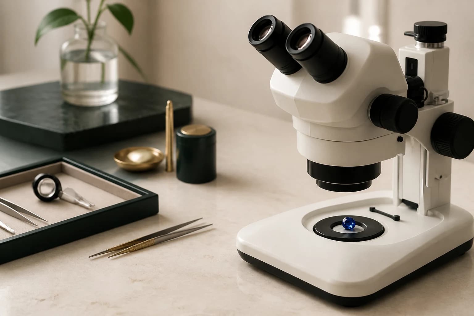 Microscope used to examine a gemstone